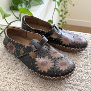 Spring Step L'Artiste‎ Floral Cutout Mary Jane Flats Black Leather WOMEN 6.5-7